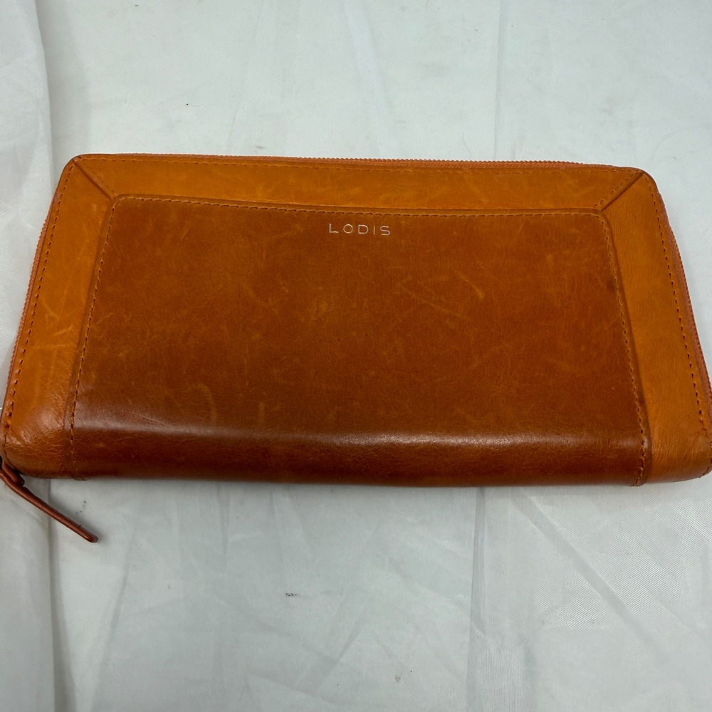 Lodis Orange Leather Zip Around Accordion Wallet Card Organizer Clutch